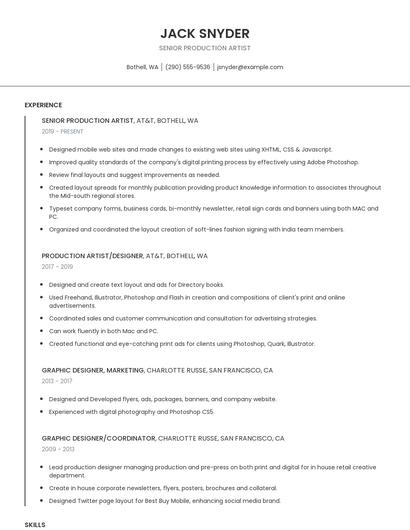 Senior Production Artist Resume