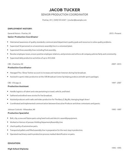 Senior Production Coordinator Resume