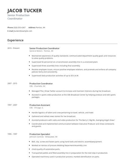 Senior Production Coordinator Resume