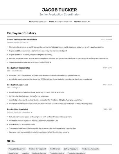 Senior Production Coordinator Resume