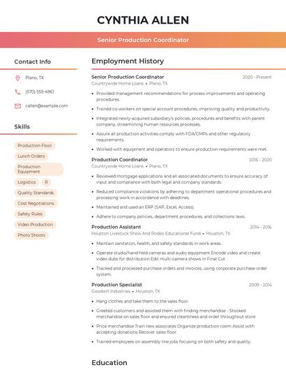 Senior Production Coordinator Resume