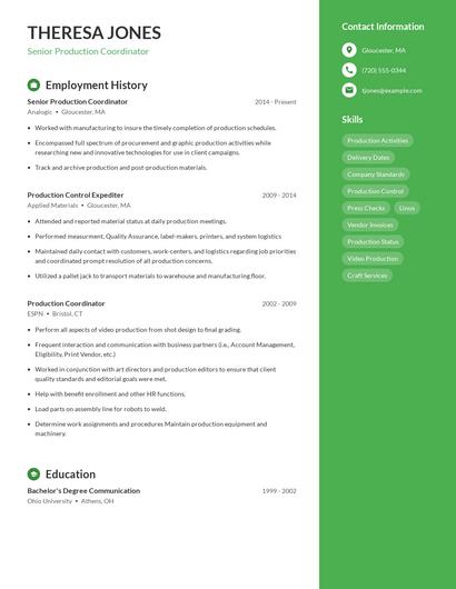 Senior Production Coordinator Resume
