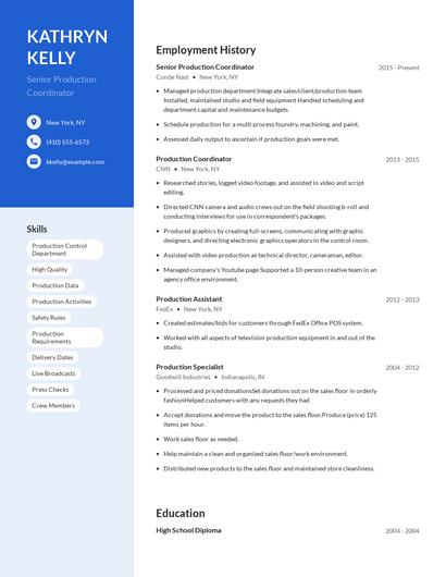 Senior Production Coordinator Resume