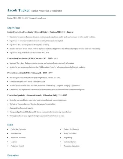 Senior Production Coordinator Resume