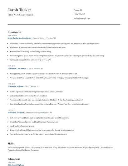 Senior Production Coordinator Resume