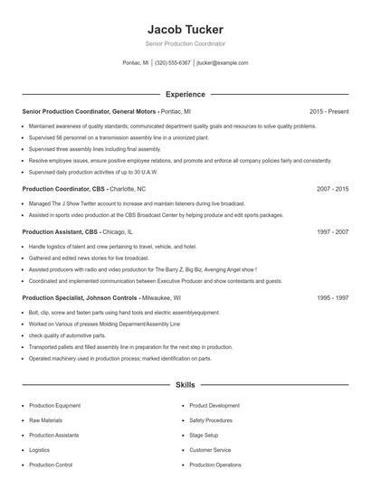 Senior Production Coordinator Resume