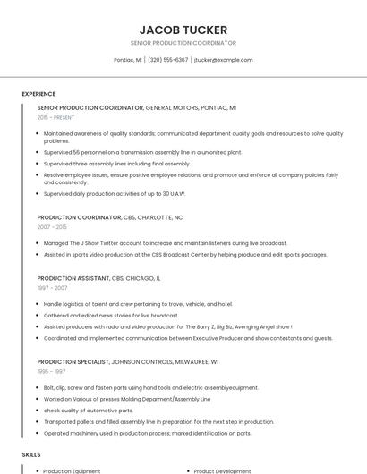 Senior Production Coordinator Resume
