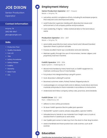 Senior Production Operator Resume