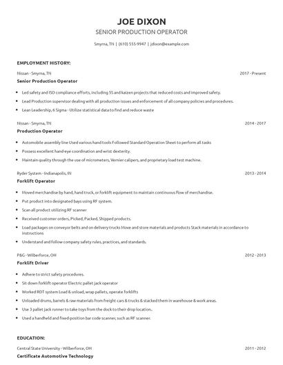Senior Production Operator Resume