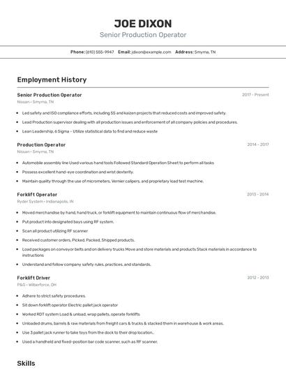 Senior Production Operator Resume