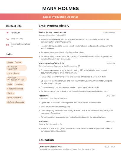 Senior Production Operator Resume