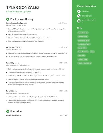 Senior Production Operator Resume