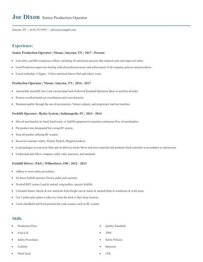 Senior Production Operator Resume