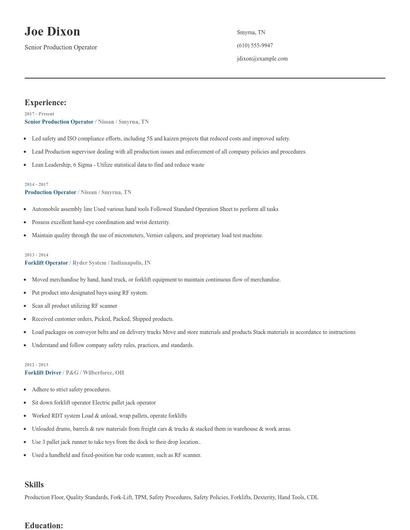 Senior Production Operator Resume