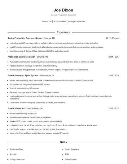Senior Production Operator Resume