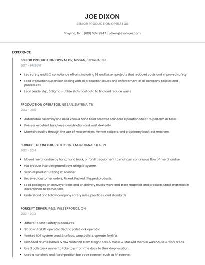 Senior Production Operator Resume