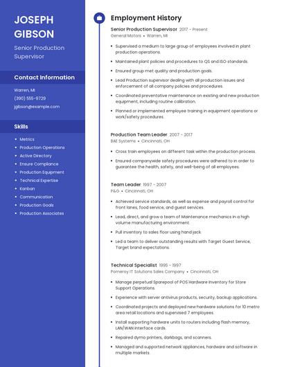 Senior Production Supervisor Resume
