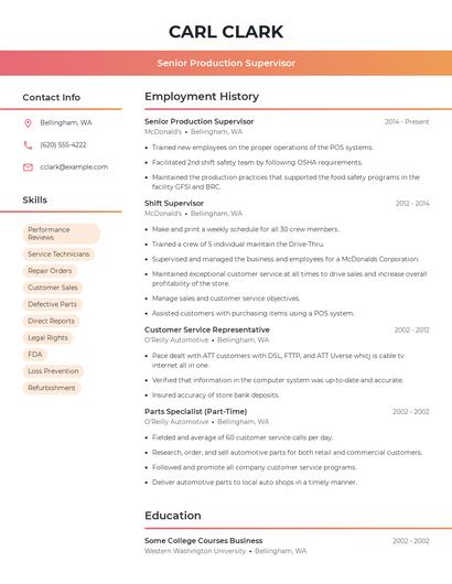 Senior Production Supervisor Resume