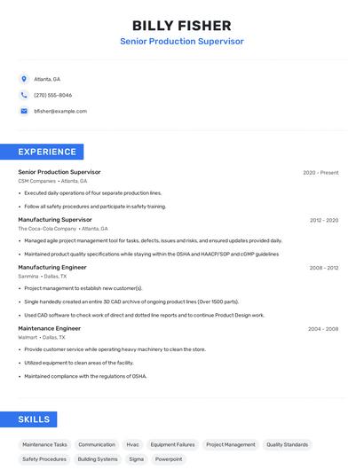 Senior Production Supervisor Resume