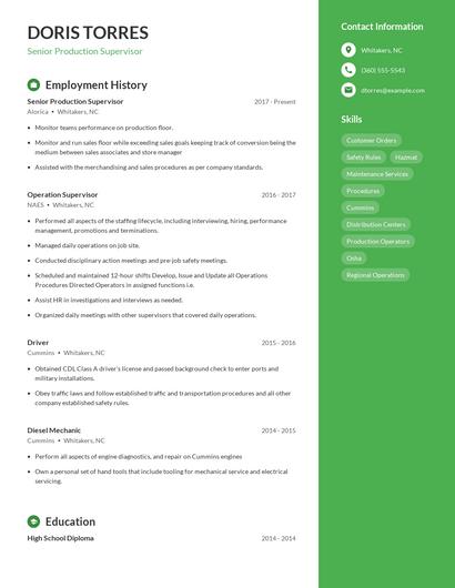 Senior Production Supervisor Resume