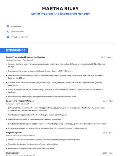 Senior Program And Engineering Manager Resume