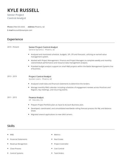 Senior Project Control Analyst Resume