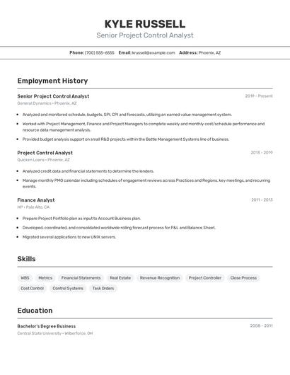 Senior Project Control Analyst Resume