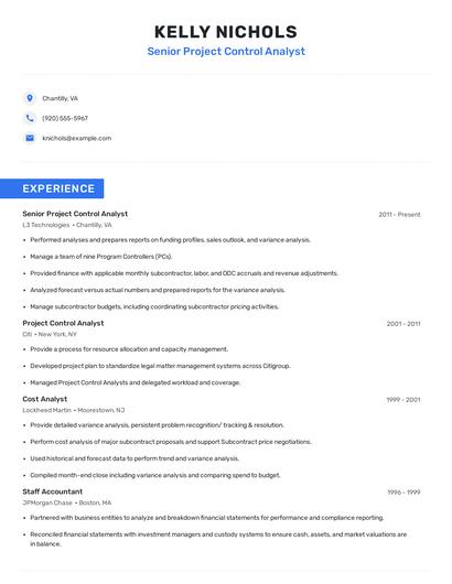 Senior Project Control Analyst Resume