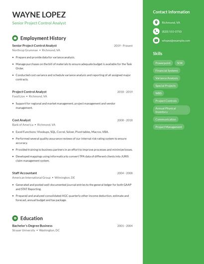 Senior Project Control Analyst Resume