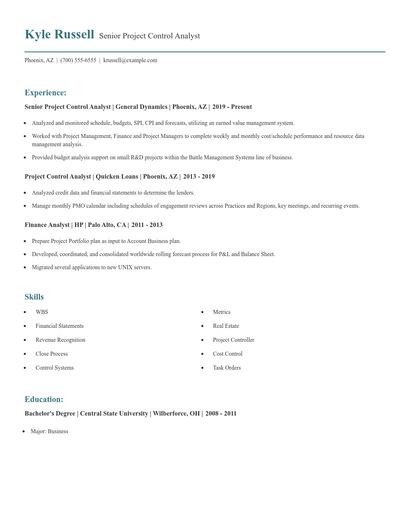 Senior Project Control Analyst Resume