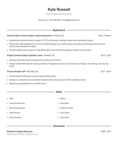 Senior Project Control Analyst Resume