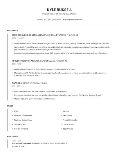Senior Project Control Analyst Resume