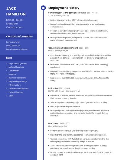 Senior Project Manager Construction Resume
