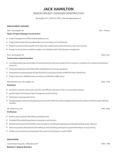 Senior Project Manager Construction Resume