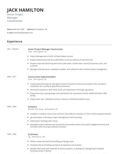 Senior Project Manager Construction Resume