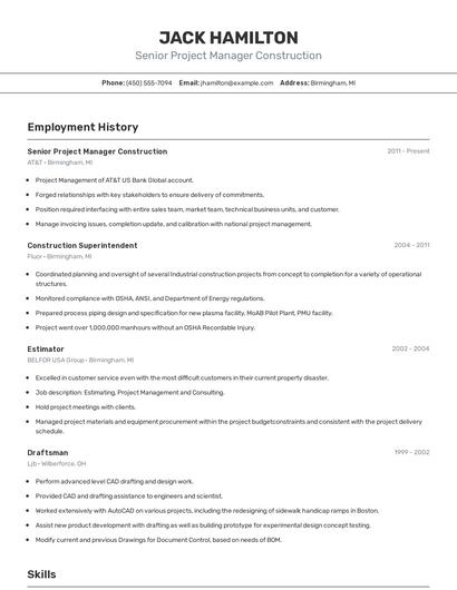 Senior Project Manager Construction Resume