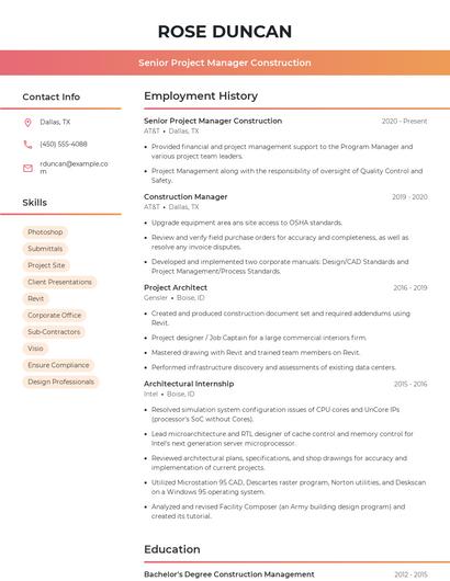 Senior Project Manager Construction Resume