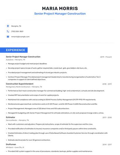 Senior Project Manager Construction Resume