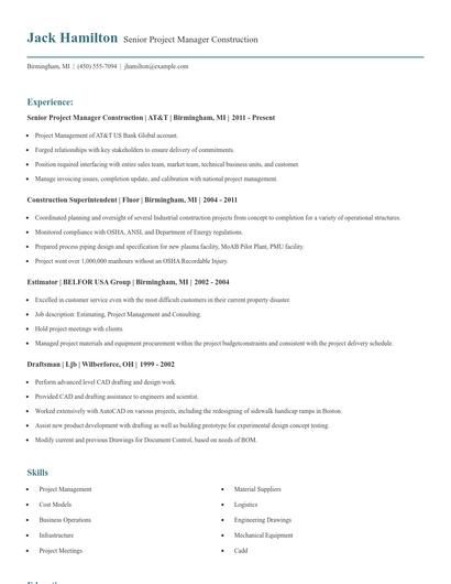 Senior Project Manager Construction Resume