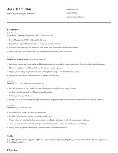 Senior Project Manager Construction Resume