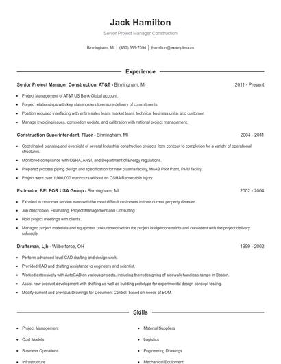 Senior Project Manager Construction Resume