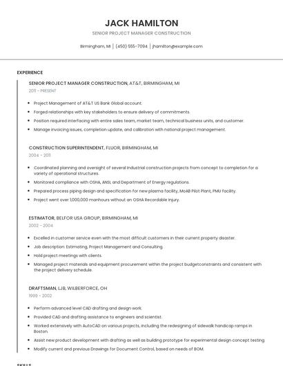 Senior Project Manager Construction Resume