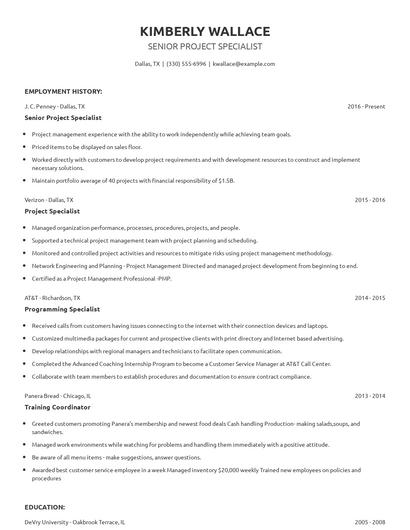 Senior Project Specialist Resume