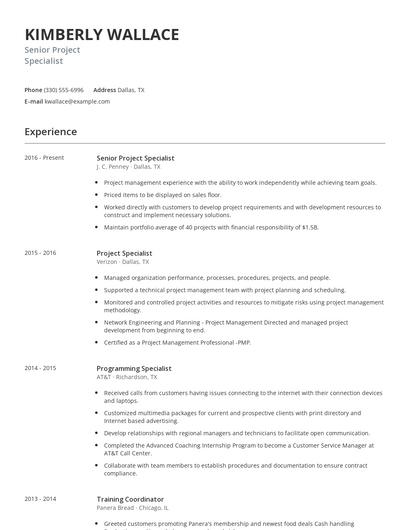 Senior Project Specialist Resume