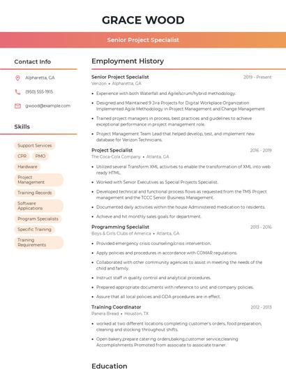 Senior Project Specialist Resume