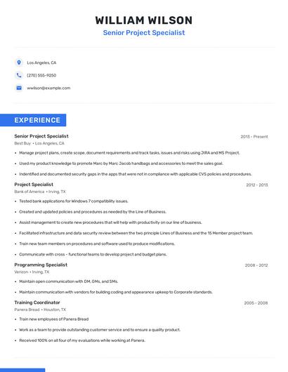 Senior Project Specialist Resume
