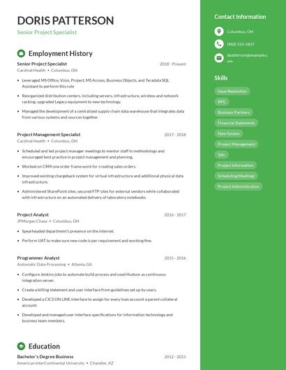 Senior Project Specialist Resume