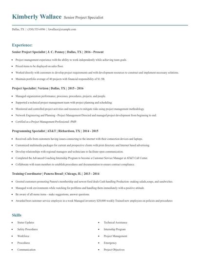 Senior Project Specialist Resume