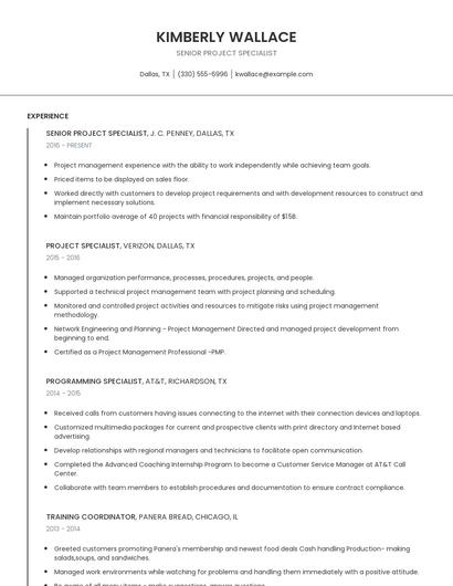 Senior Project Specialist Resume