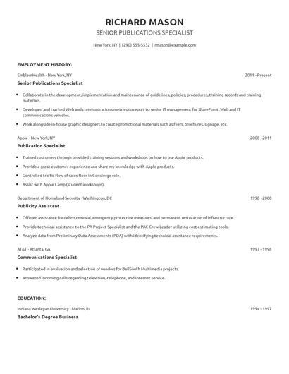 Senior Publications Specialist Resume